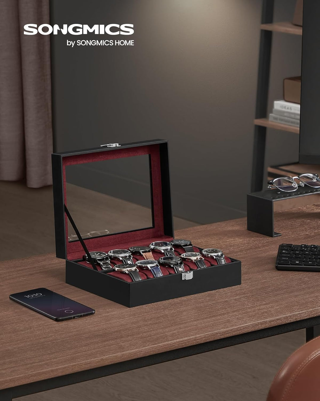 SONGMICS Uhrenbox mit 10 Fächern, Uhrenkasten, Glasdeckel, Uhrenkoffer, herausnehmbare Uhrenkissen,
