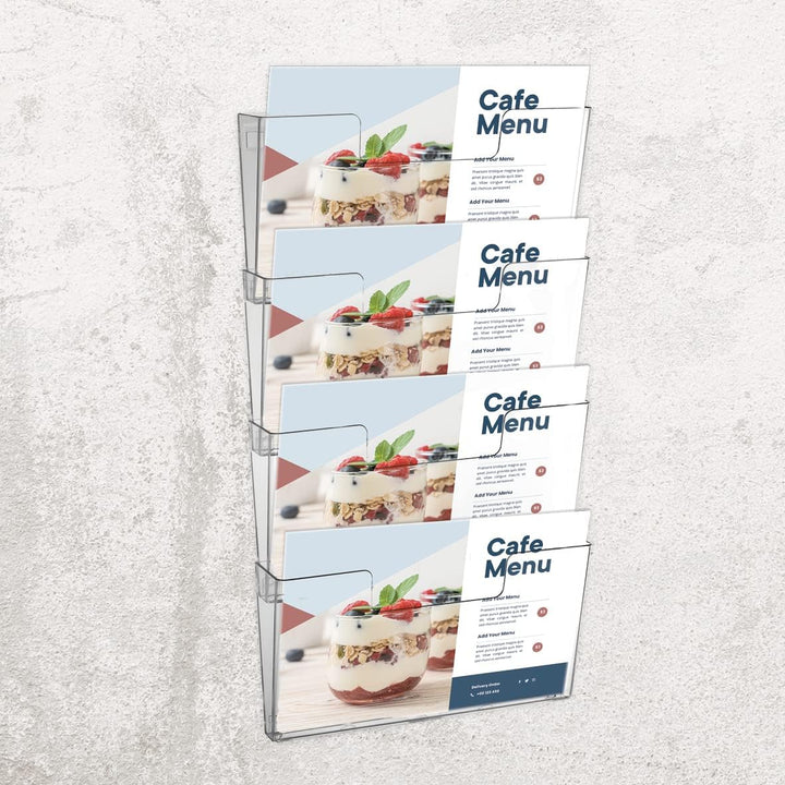 Europel Prospekthalter Wandmontage, Mehrfach, 4 Fächer DIN A4, Aanschliessbar, Erweiterbar, Transpar