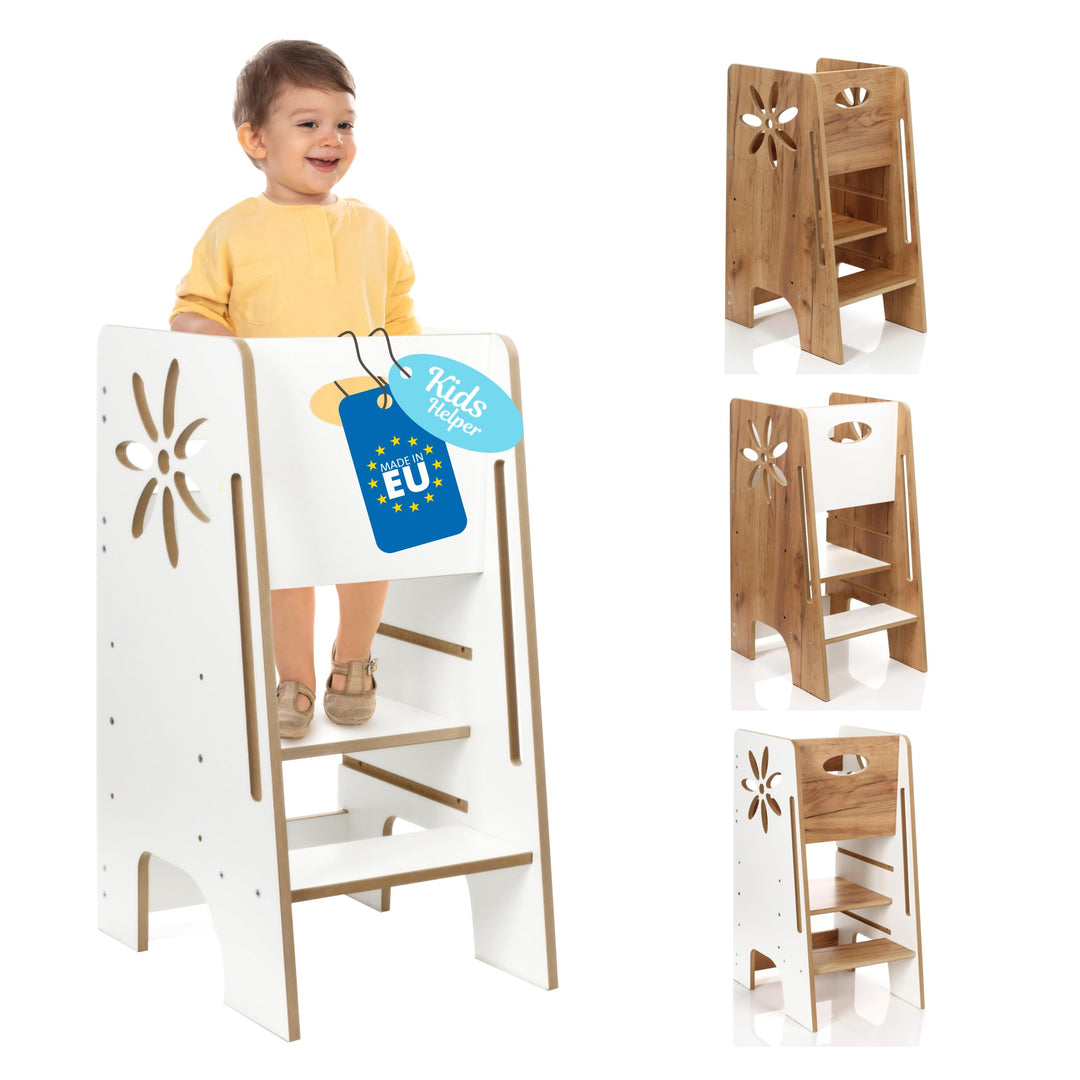 Kitchen Kids Helper Lernturm ab 1 Jahr - Höhenverstellbarer Lernturm Montessori Weiss 80cm - Sichere