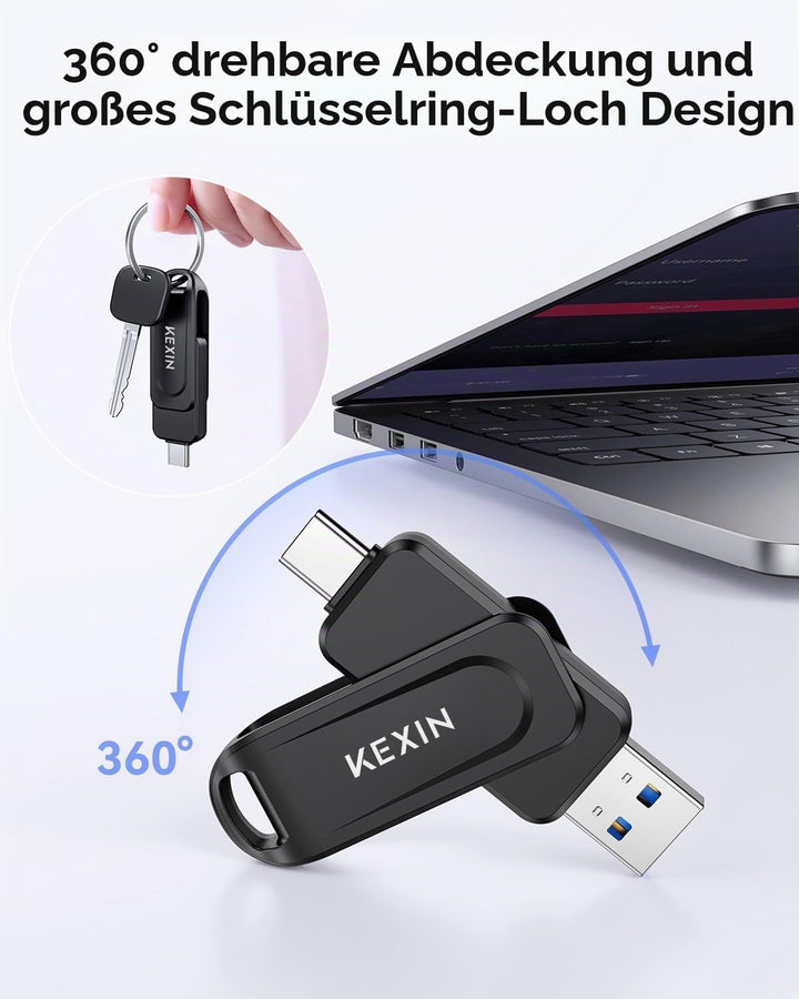 KEXIN USB C Stick 512GB USB 3.0 OTG, bis zu 130 MB/s, Dual-USB Type-C &amp; USB-A Anschlüsse, Speicherst