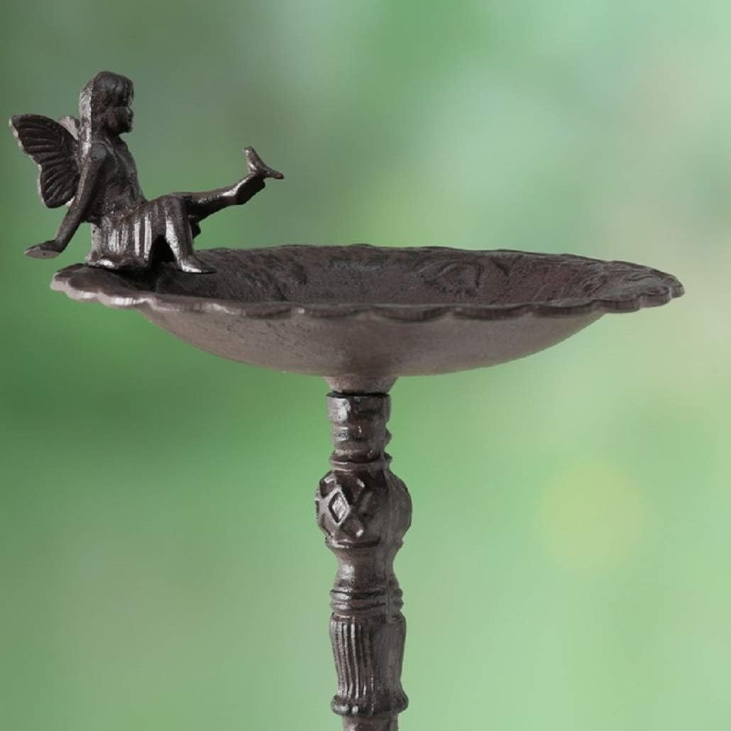 Vogeltränke, Vogelbad mit schöner Feen Figur, aus Gusseisen in antikbraun, mit Standfuss, ca. 30 cm