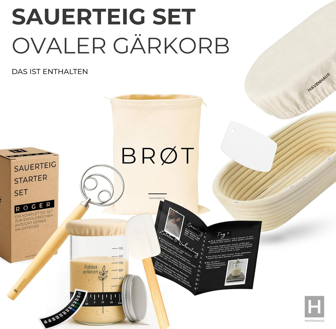 Brotbackset Gärkörbchen oval | Sauerteig Starter Set mit umfassendem Brot backen Zubehör | inklusive