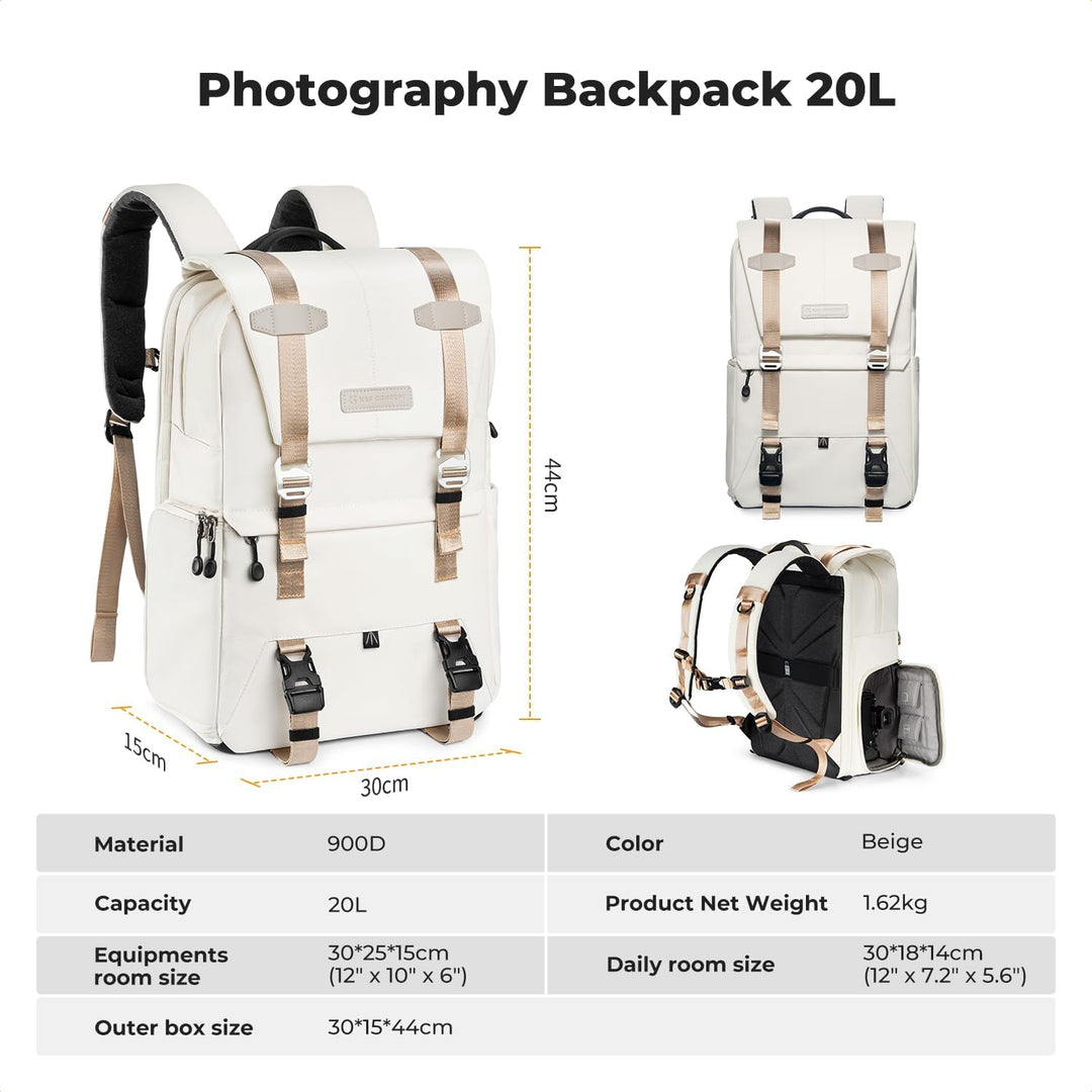 K&F CONCEPT Kamerarucksäcke 20L, Grosse Camera Backpack 15,6 Zoll Laptopfach, Spritzwassergeschutzt