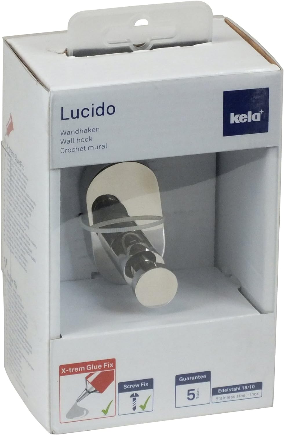 Kela 22680, Haken, Zum Kleben oder Bohren, Edelstahl 18/10, 3,5x 5x 6 cm, Lucido, Silber Glänzend Ha