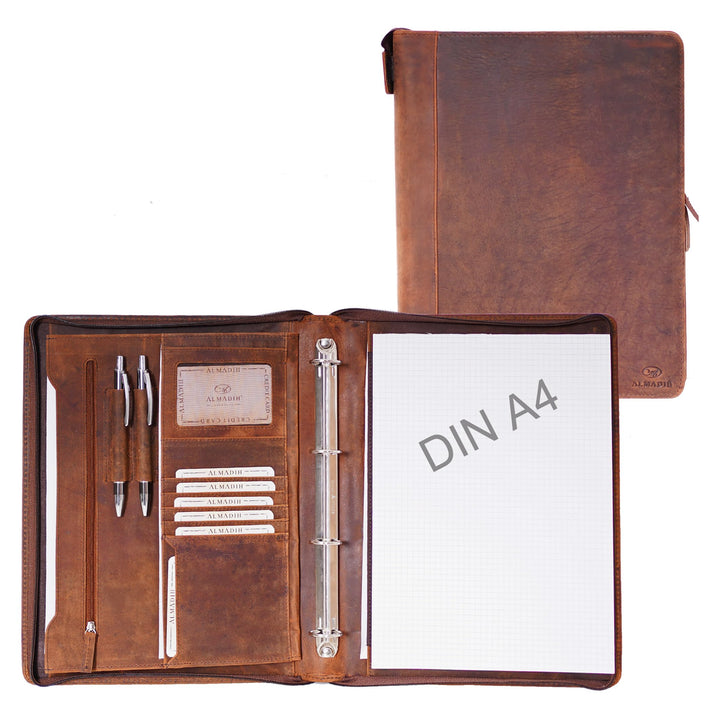 ALMADIH A4 Dokumentenmappe echt Leder mit Schreibblock BV Ledermappe Ringbuchmappe Mappe Schreibmapp