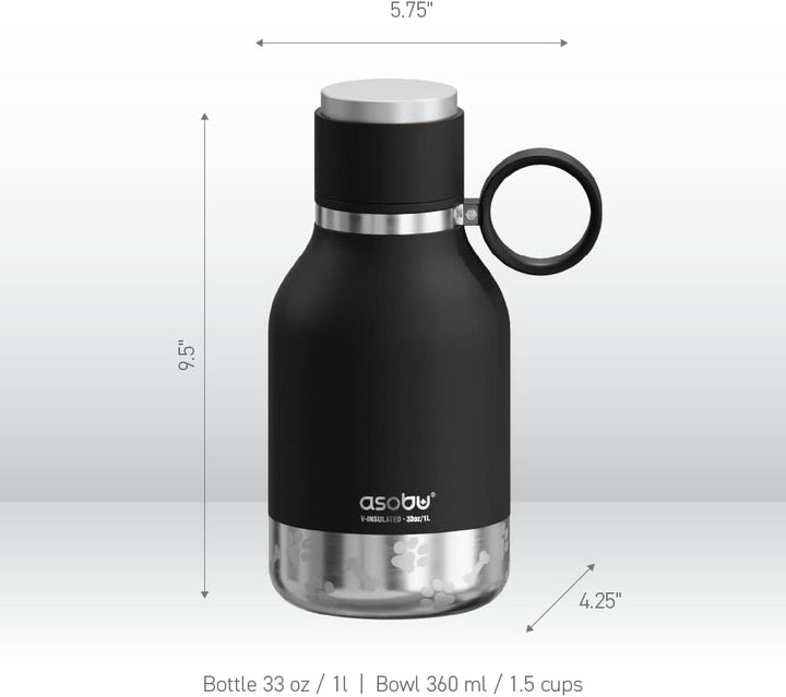 Asobu Hundenapf für Haustiere, mit isolierter Edelstahl-Reiseflasche, 945 ml, Schwarz, 1 Count (Pack