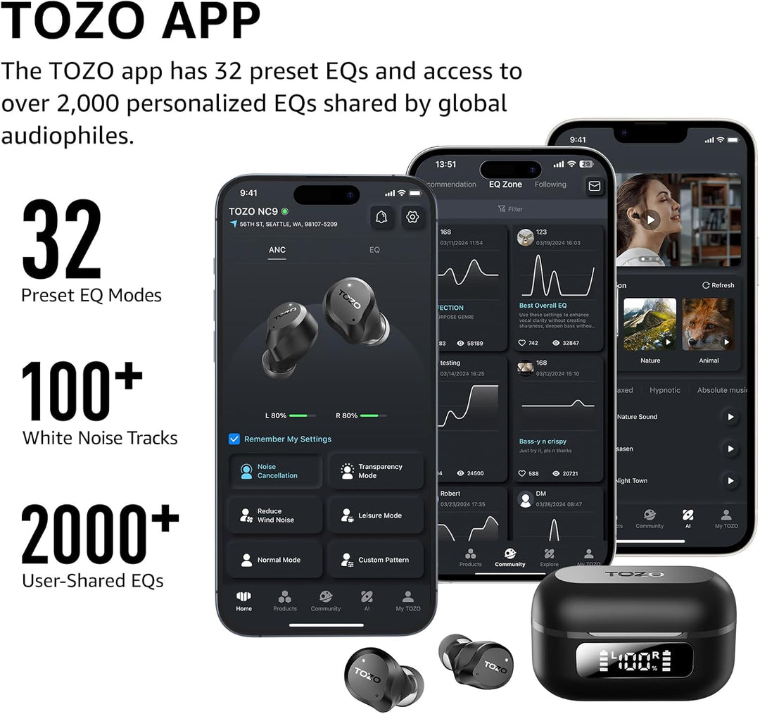 TOZO NC9 In Ear Kopfhörer Kabellos Bluetooth 5.3 mit Hybrid Active Noise Cancelling, 6 Mikrofone für