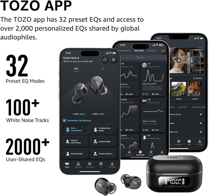 TOZO NC9 In Ear Kopfhörer Kabellos Bluetooth 5.3 mit Hybrid Active Noise Cancelling, 6 Mikrofone für