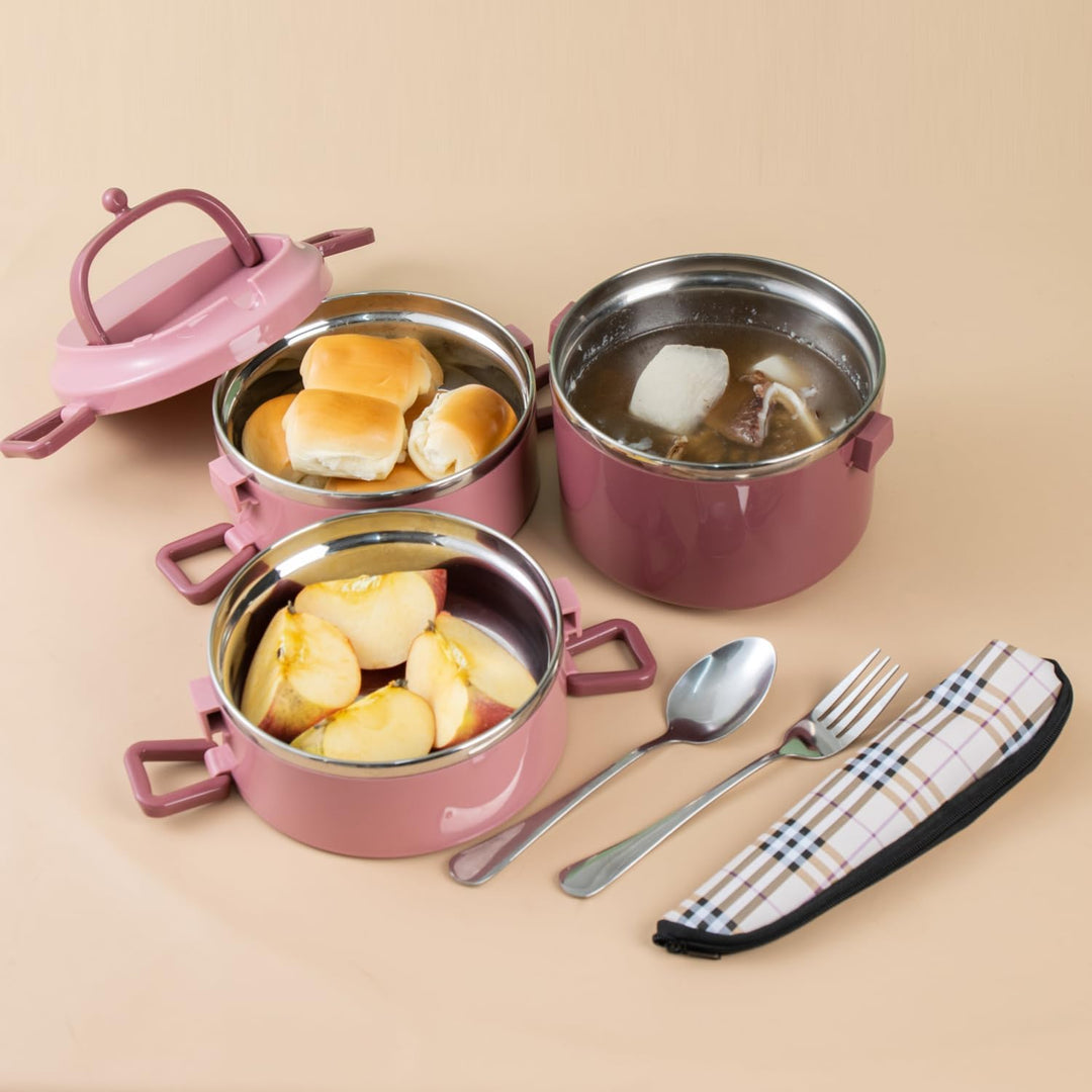 SANQIAHOME 3 Schichten Mehrschichtige stapelbare Edelstahl-Lunchbox,Auslaufsicher,rosa Rosa 3 Schich