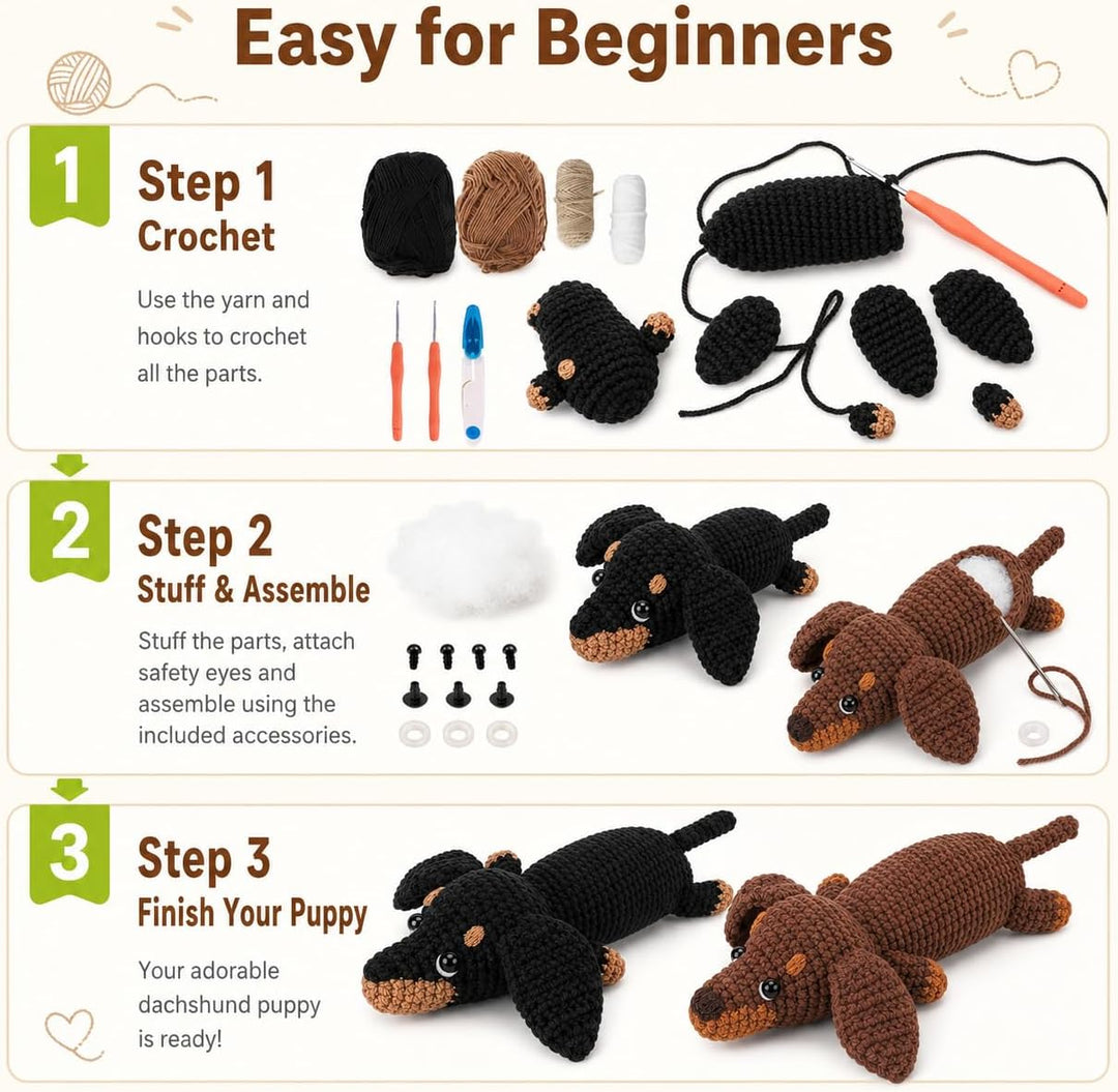 Houkiper Häkelset für Anfänger, Häckel Kit für Anfänger Tiere Häkeln Set Dackel Hund Crochet Set mit
