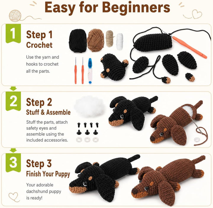 Houkiper Häkelset für Anfänger, Häckel Kit für Anfänger Tiere Häkeln Set Dackel Hund Crochet Set mit