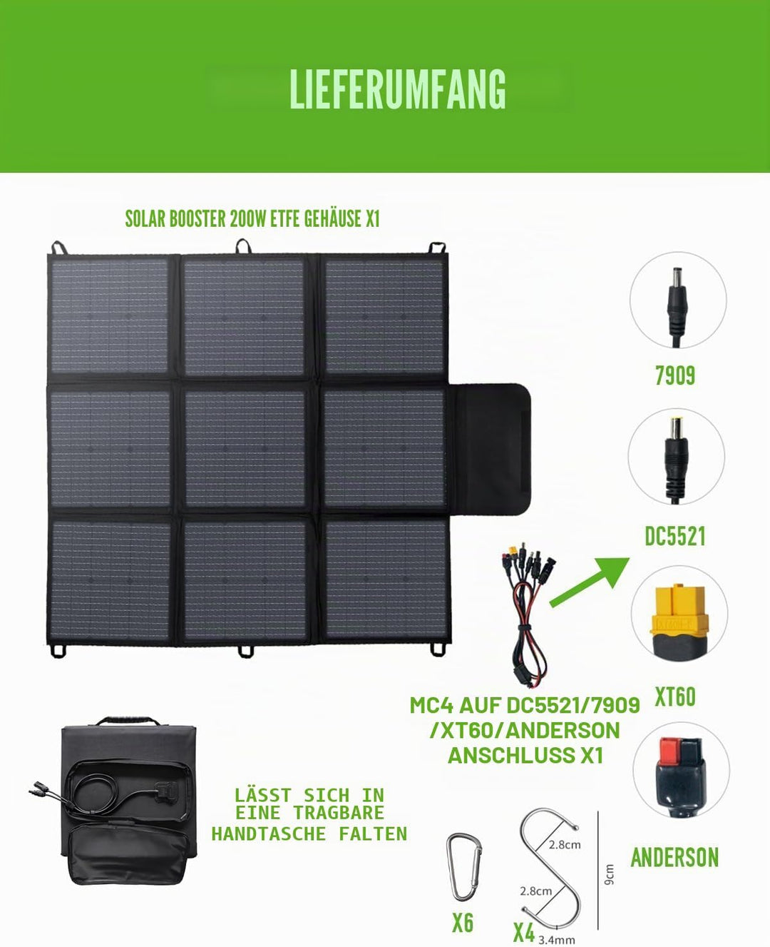 Faltbares Solarpanel 200W, 3m Kabel, 22% Umwandlungseffizienz, IP67 wasserdicht, tragbares Solarlade