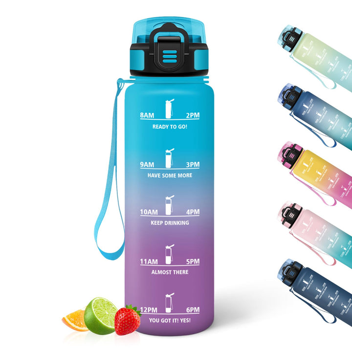 HoneyHolly Trinkflasche 1L, Zeitmarkierung, Wasserflasche, Auslaufsicher, Trinkflasche Sport, Wieder