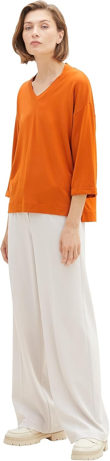 TOM TAILOR Damen Basic T-Shirt mit 3/4-Arm & V-Ausschnitt XS 19772 - Gold Flame Orange, XS 19772 - G