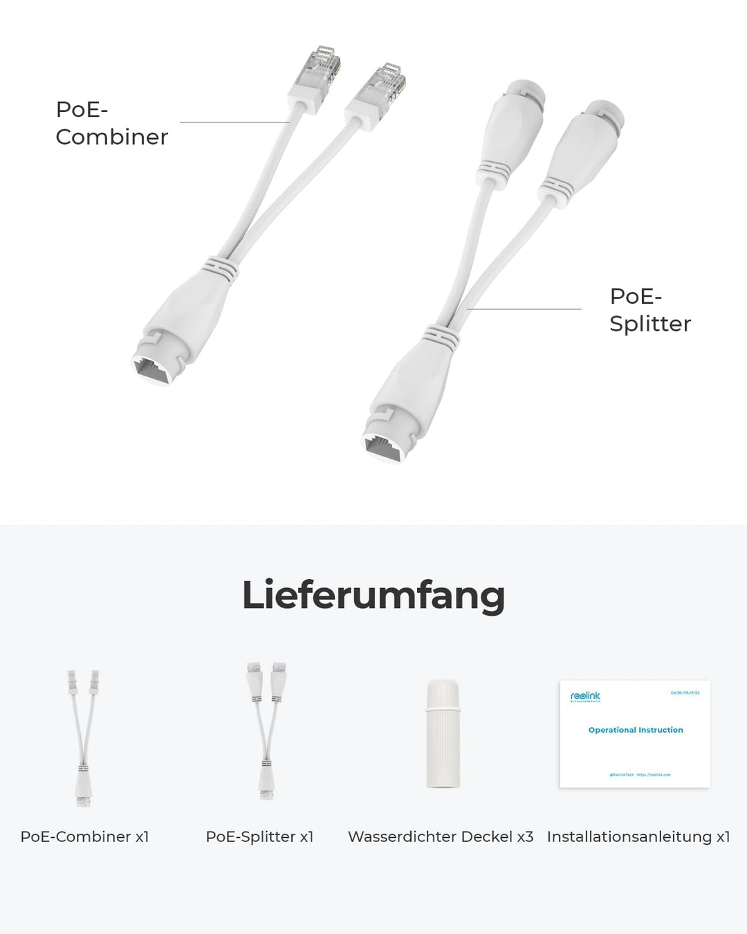 Reolink PoE Combiner & Splitter, Stromversorgung für 2 IP Kameras mit nur 1 Kabel, Unterstützt bis z