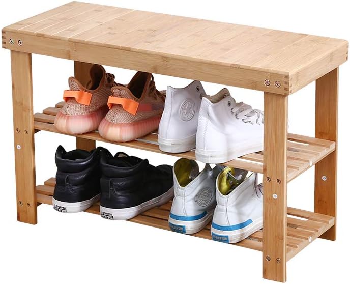 KKTONER Schuhregal mit Sitzbank Bambus Schuhbank mit 2 Etagen 70x28x45cm Schuhschrank Natürlich, Nat