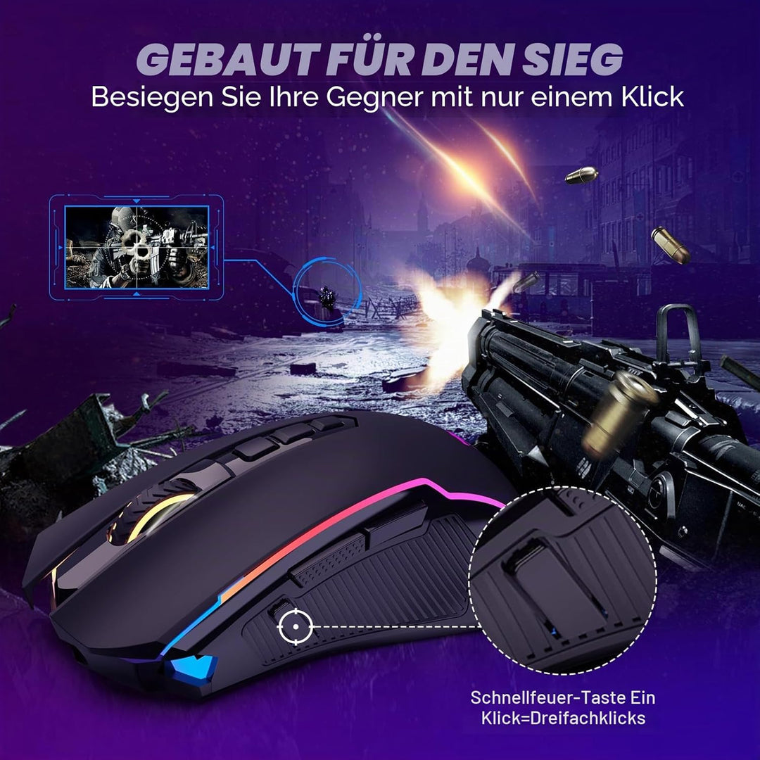 Redragon Gaming Maus Kabellose,RGB 2.4G/USB-C/Bluetooth Maus,Wiederaufladbare mit 9 Programmierbare