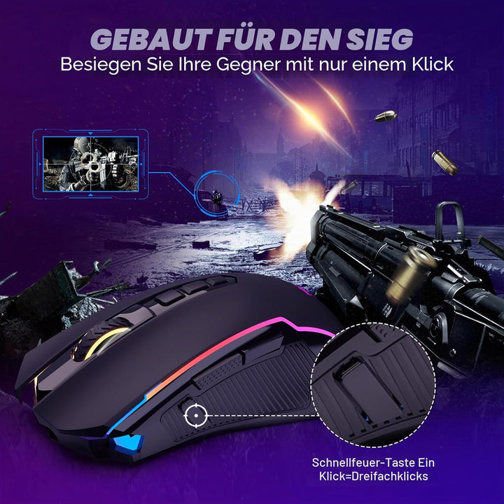 Redragon Gaming Maus Kabellose,RGB 2.4G/USB-C/Bluetooth Maus,Wiederaufladbare mit 9 Programmierbare