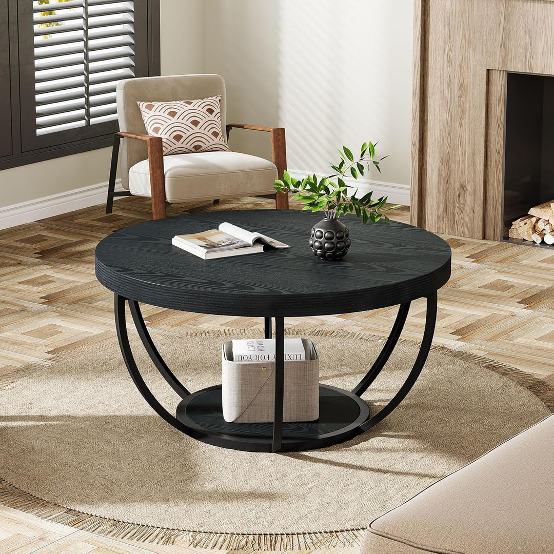 Tribesigns Couchtisch rund Ø80 cm, Industrial 2-Tier-Kreis Couchtisch mit Stauraum, Holztisch Akzent