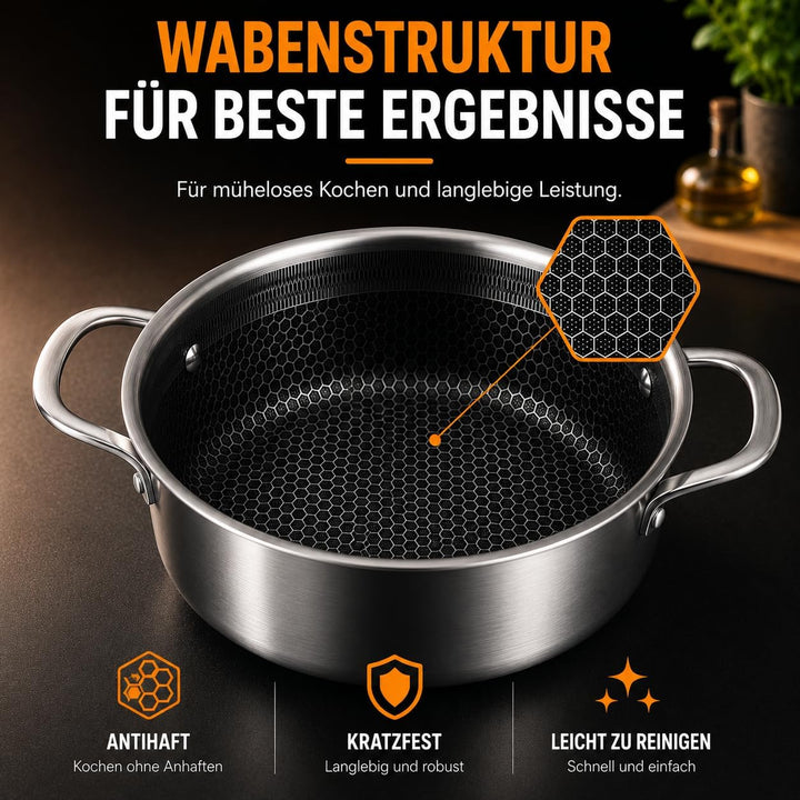 Royal Swiss 28 cm Edelstahl Kochtopf mit Glasdeckel – Honeycomb Antihaft-Kochtopf, PFOA-frei, langle