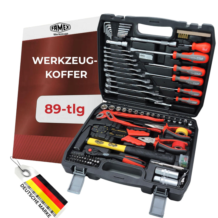FAMEX 144-50 Werkzeugkoffer gefüllt bestückt mit hochwertigem Werkzeug Set - mit Steckschlüsselsatz,