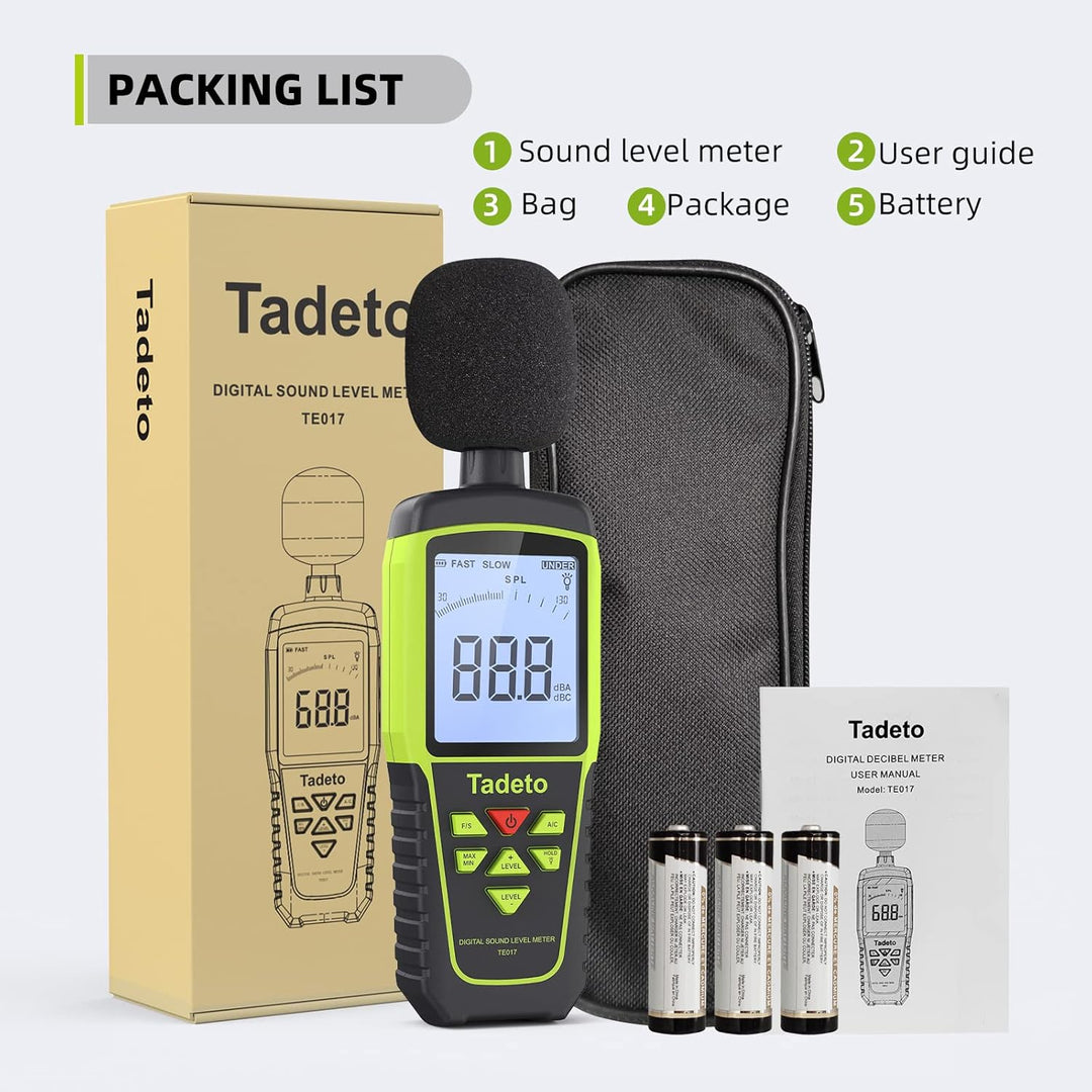Dezibel Messgerät, Tadeto Schallpegelmesser Portable db Messgerät 30dB bis 130dB (5 Messbereich) Hin