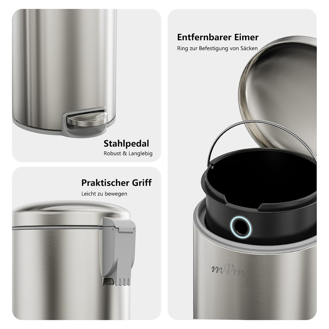 mVm Mülleimer Küche 20L, Mülleimer mit Deckel, Silber Silber 20L, Silber 20L