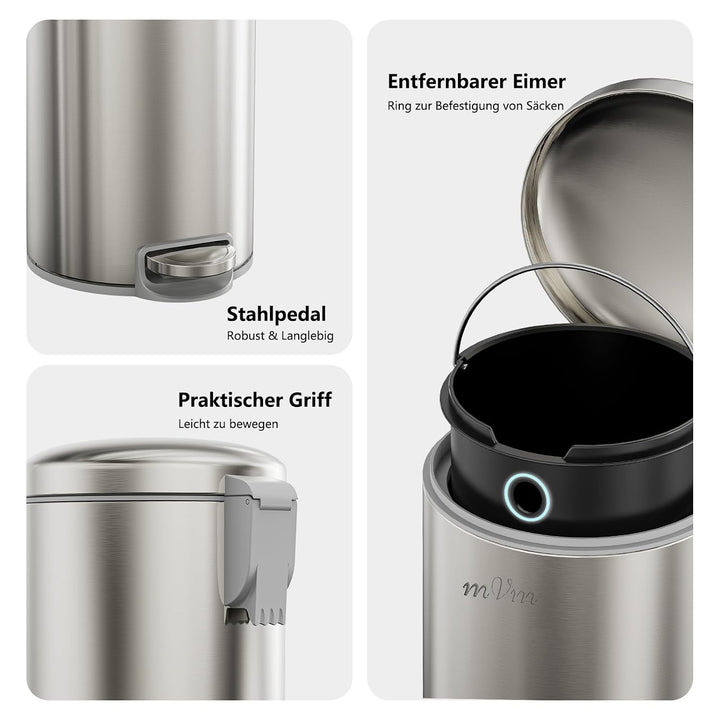 mVm Mülleimer Küche 20L, Mülleimer mit Deckel, Silber Silber 20L, Silber 20L