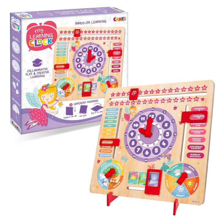 CRAZE My Learning Clock Princess ENGLISCHE SPRACHE - Lernuhr Kinder Holz, Kalenderuhr zum Lernen für