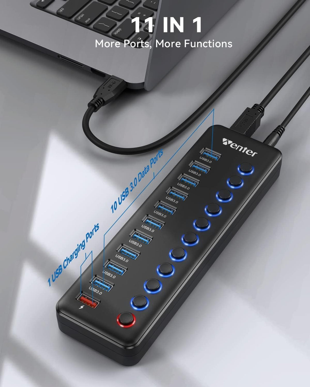Powered USB Hub, Wenter 11-Port USB Splitter Hub (10 Faster Data Transfer Ports+ 1 Smart Charging Po