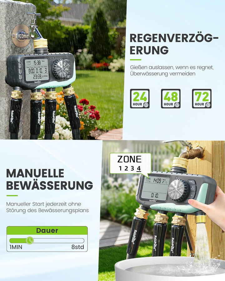 RAINPOINT Bewässerungscomputer 4 Ausgänge, Messing Einlass und Auslass, IP65 Wasserdicht Wasserzeits