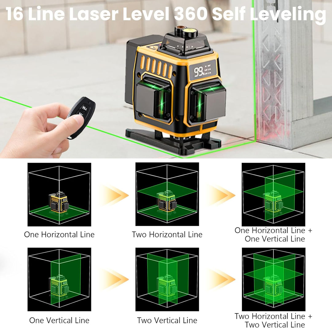 Kreuzlinienlaser Grün 16 Linien,4 x 360 °Laser Wasserwaage Selbstnivellierend,Nivellierlaser mit LED