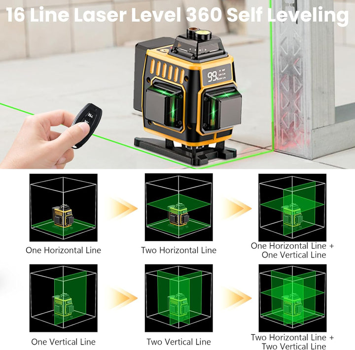 Kreuzlinienlaser Grün 16 Linien,4 x 360 °Laser Wasserwaage Selbstnivellierend,Nivellierlaser mit LED