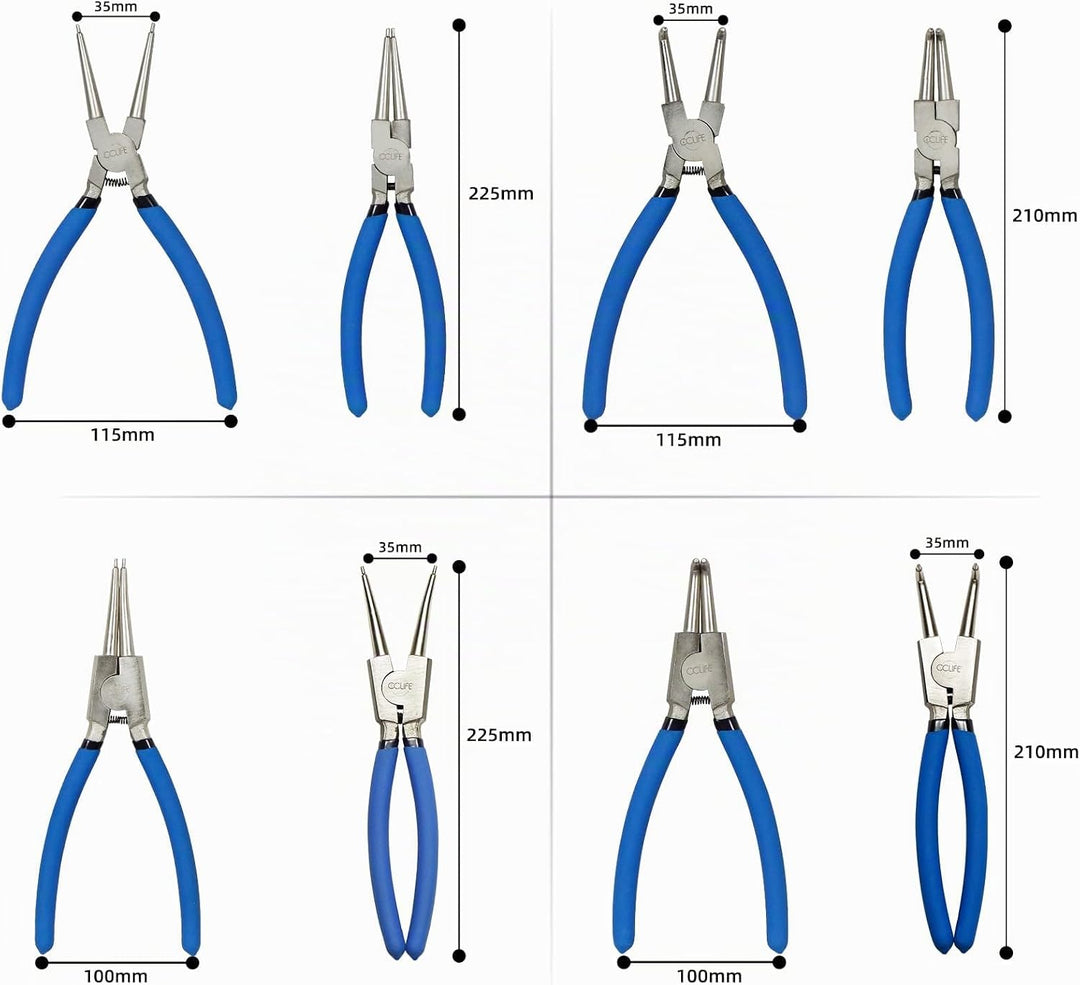 CCLIFE 4tlg Sprengringzangen Seegeringzange Set 225mm Zange Gerade &amp; Gebogen für Sicherungsring Inne