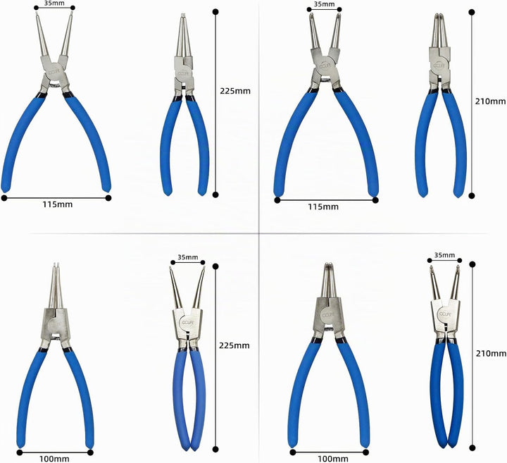 CCLIFE 4tlg Sprengringzangen Seegeringzange Set 225mm Zange Gerade &amp; Gebogen für Sicherungsring Inne