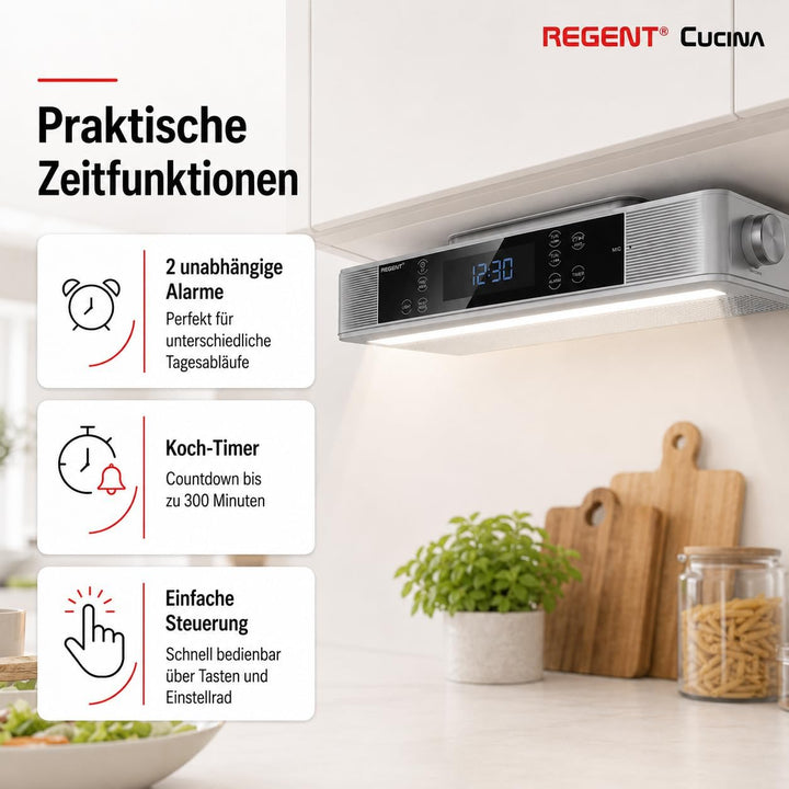 Regent Cucina Unterbau Küchenradio mit FM, Bluetooth, LED-Leiste, Farbdisplay, Küchentimer & 2 Wecke