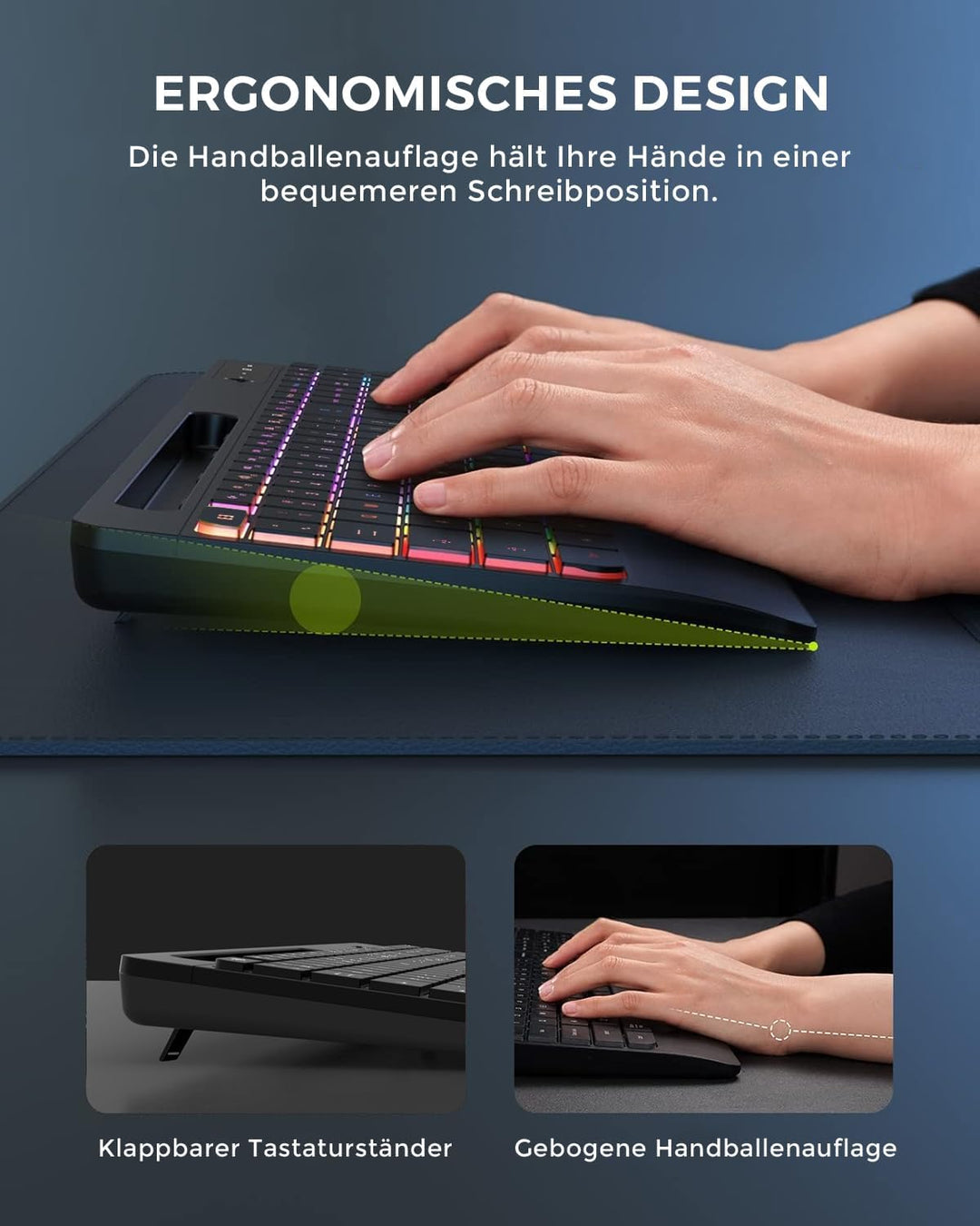 seenda JPX006 Tastatur Maus Set kabellos beleuchtet, wiederaufladbare USB &amp; Typ C Funktastatur mit M