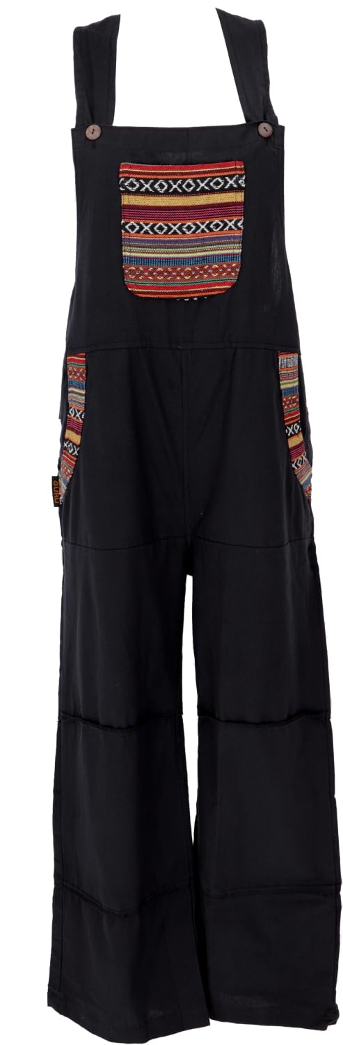 GURU SHOP Weite Latzhose, Ethno Style Oversize Einteiler, Overall, Damen, Baumwolle 36 Schwarz, 36 S