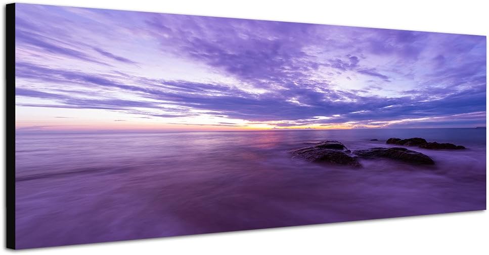 Paul Sinus Art Panoramabild auf Leinwand und Keilrahmen 150x50cm Meer Steine Wolken Sonnenuntergang