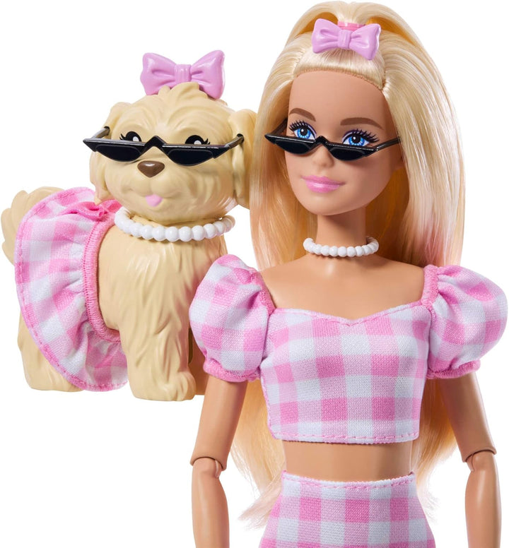 Barbie Twinning Looks Puppe mit Hündchen im Partnerlook mit rosa Gingham-Outfits und Accessoires wie
