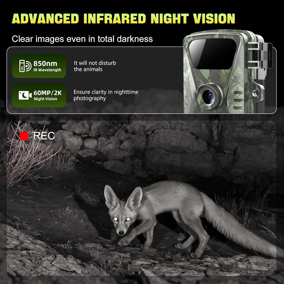 Wildkamera 60MP, 0,1 s Auslösegeschwindigkeit, 120° Weitwinkel, Wildtierkamera mit 850 nm IR LEDs, W