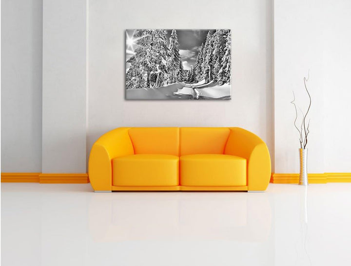 Pixxprint Monocrome, Winterlandschaft Bäume, Format: 100x70 auf Leinwand, 100x70