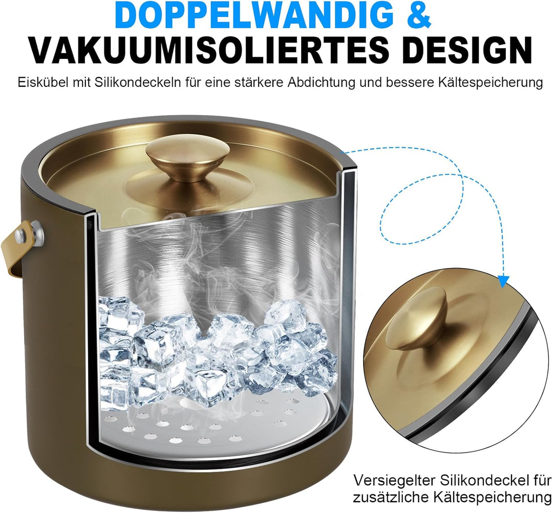 3.2L Moderner isolierter Eiskübel mit Silikondeckel, Schaufel, Sieb, doppelwandiger Edelstahl-Eisküb