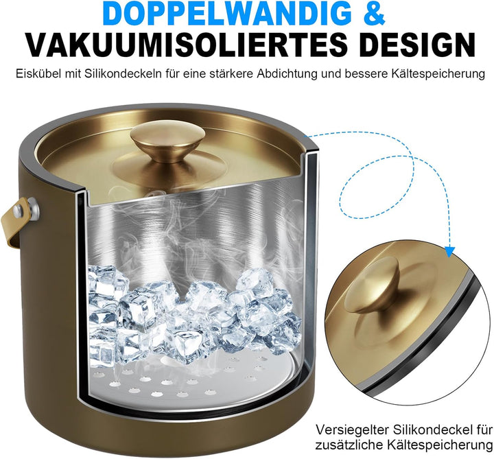 3.2L Moderner isolierter Eiskübel mit Silikondeckel, Schaufel, Sieb, doppelwandiger Edelstahl-Eisküb