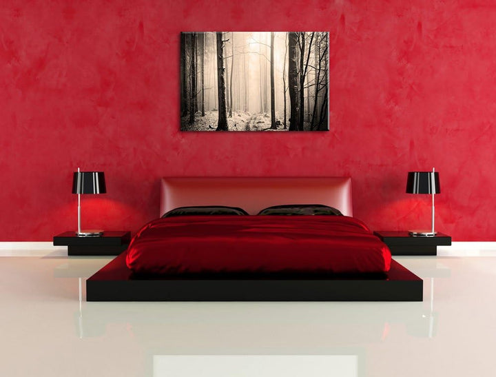 Pixxprint Mystischer Wald Schwarz/Weiss, Format: 100x70 auf Leinwand, 100x70