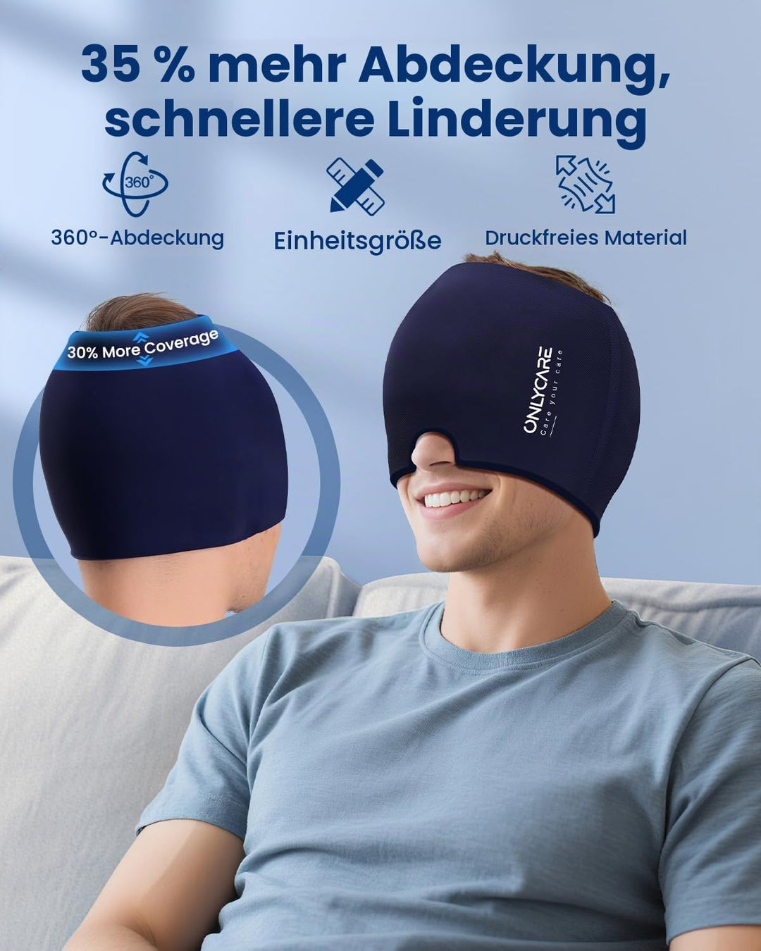ONLYCARE Migräne Maske, Upgraded Kühlmaske Schlafmaske Kühlmütze Kühlhaube 360° Gel Surround kühlpad