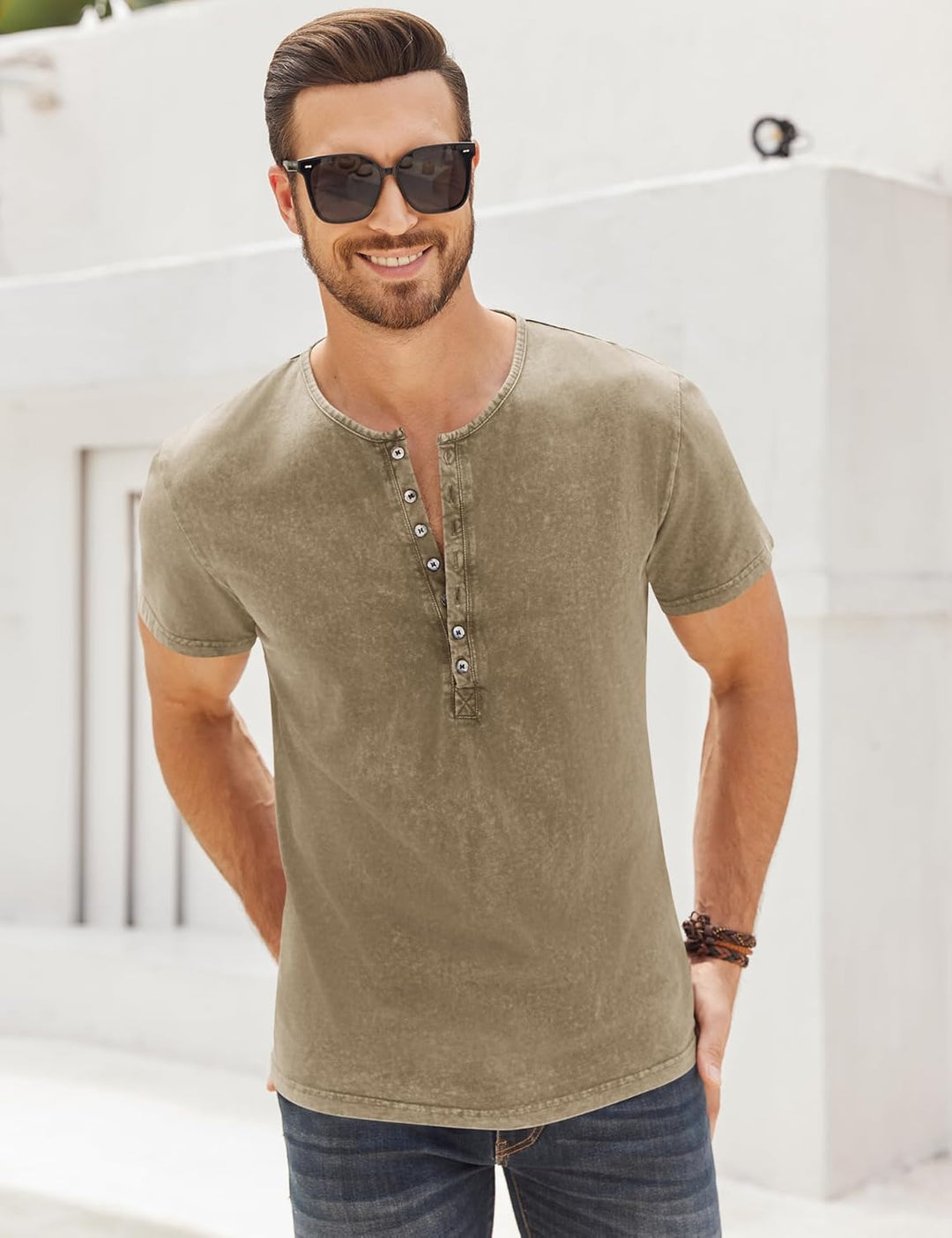 Hemd Herren Langarm/Kurzarm Henley Shirt Männer Freizeithemd Vintage Casual Leicht Baumwolle Slim Fi