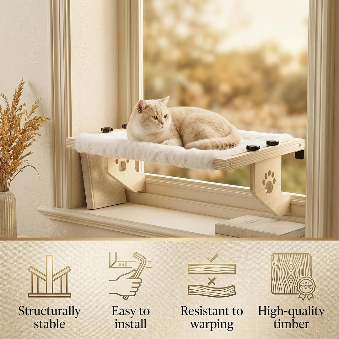 Heizungsliege Katze, Fensterbank Katzenliege Fenster aus Holz mit Waschbarem Plüschkissen, Katzenbet