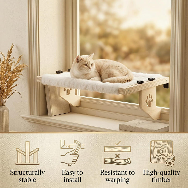 Heizungsliege Katze, Fensterbank Katzenliege Fenster aus Holz mit Waschbarem Plüschkissen, Katzenbet