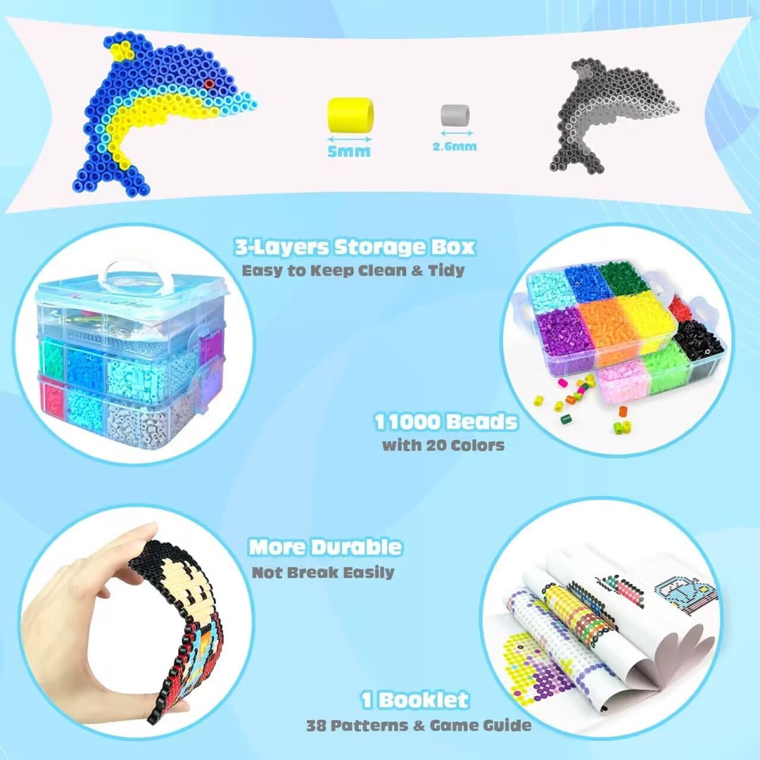11000 Stück Bügelperlen Set, 20 Farben 5MM Steckperlen mit Aufbewahrungsbox, Bügelperlen Platten, Be